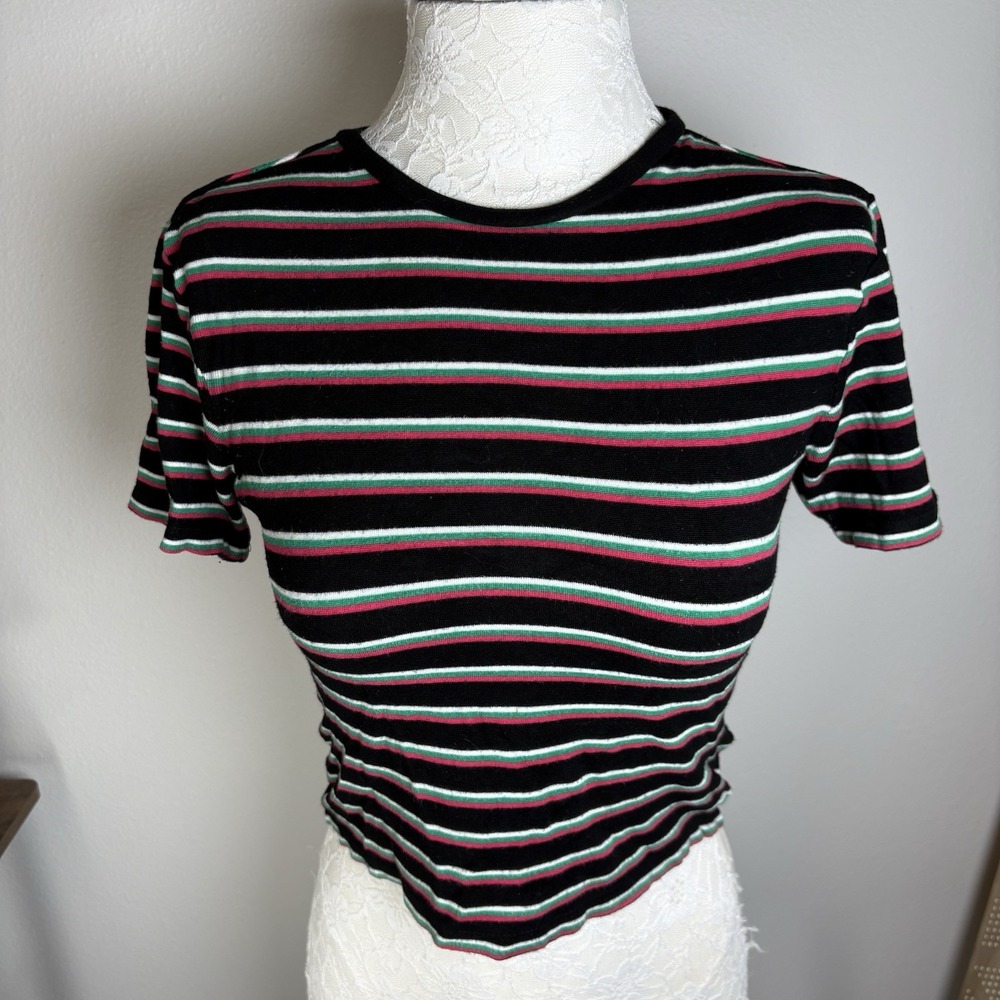 BP Women XS Black Striped Crop Top Indie Sleaze Ribbed Viscose Spandex